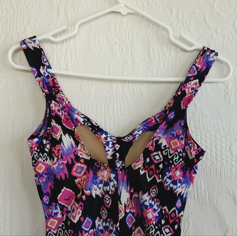 Purple Tribal Print Swimsuit Tummy Control Ruched Padded Cup Modest Medium - Picture 9 of 14